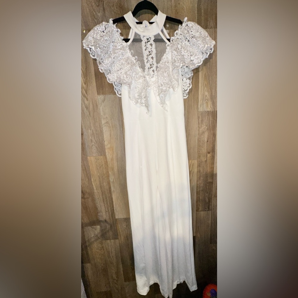 White Lace-Trim Wide-Leg Jumpsuit